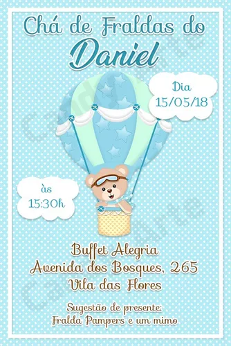 Convite Digital Chá de Bebê Ursinho Baloeiro Personalizado