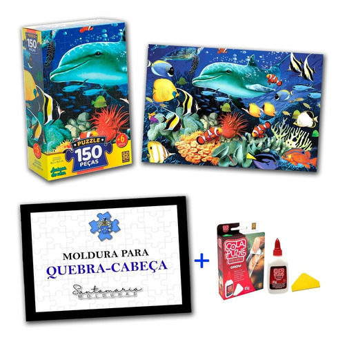 Kit Quebra-cabeça Amigos Do Mar + Moldura + Cola Puzzle Grow