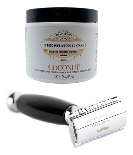 The Shaving Co Kit Crema De Afeitar Coco Y Rastrillo Negro. Unisex. Contiene Vitaminas y nutrientes. Razor Negro eronomico de resina resistente. Set de dos piezas