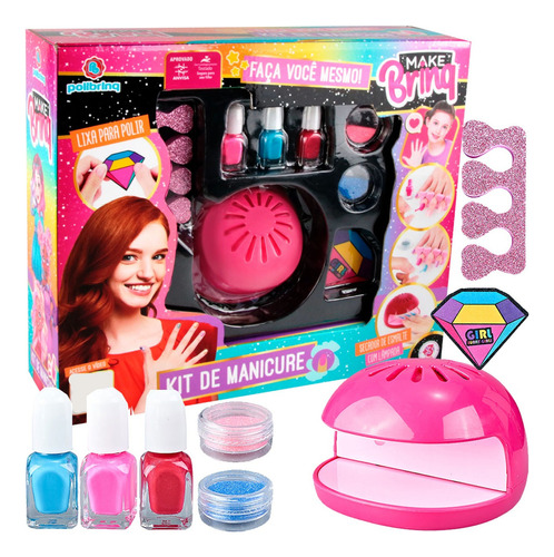 Kit Brinquedo Manicure E Mini Estufa Lixa Infantil Colorido Cor Kit manicure Esmaltes Infantil Colorido com lixa estufa