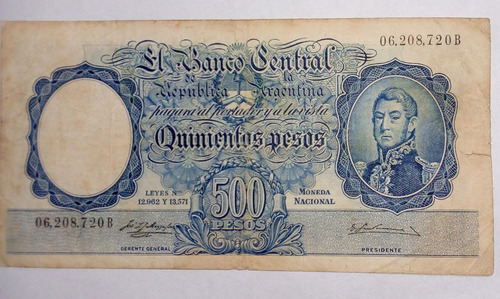 Billete Argentina $ 500 M/n Leyes 12962/13571. Col #515a