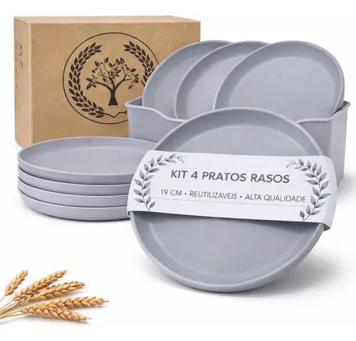 Kit 4 Pratos Rasos Fundo Liso Plástico Reutilizável 19 Cm