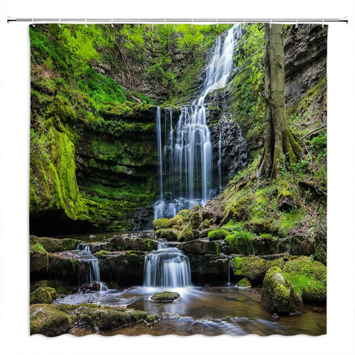 Cortina De Baño Cascada Verde Paisaje Forestal Tropica...