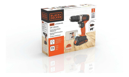 Imagen 2 de 4 de Taladro atornillador inalámbrico de 10" Black+Decker BCD702C1 20V + 1 batería de 1.5Ah + accesorios con caja de cartón 110V/220V
