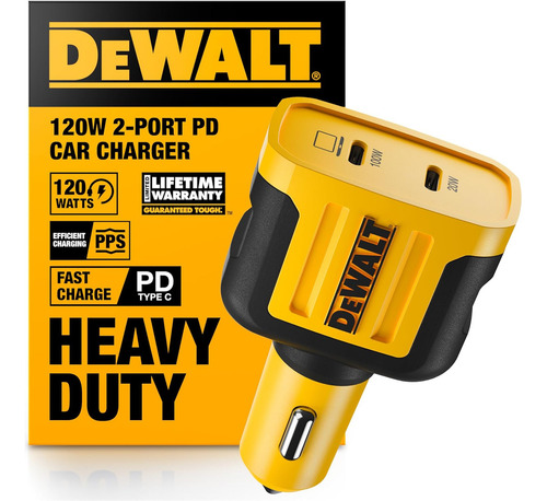 Cargador de coche DeWalt DXMA1410484 USB-C superrápido, negro y amarillo, compatible con Android, iPhone, ordenadores portátiles, MacBook Pro, tabletas