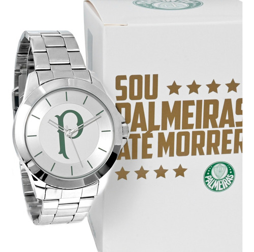 Relógio Masculino Palmeiras Oficial Verdão Original Social Cor Da Correia Prateado Cor Do Bisel Prateado Cor Do Fundo Prateado