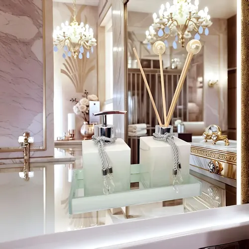 Kit Lavabo Moderno Vidro Branco C/ Difusor Luxo Cor Branco Degradê C/ Prata