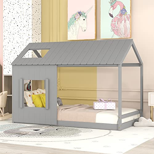 Hbrr Cama Twin House Cama De Piso Montessori Con Ventana De 