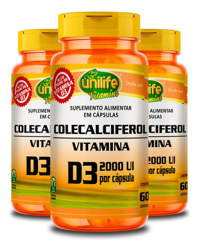 Kit 3 Vitamina D3 2000 Ui Colecalciferol Unilife 60 Cápsulas