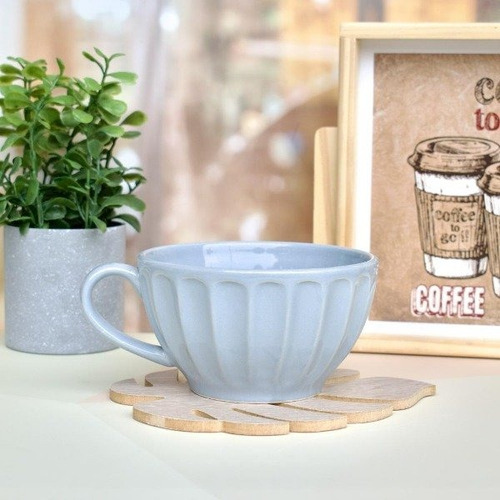Tazon Ceramica Vainilla Tramada Con Manija Colores Pastel Azul Acero Liso