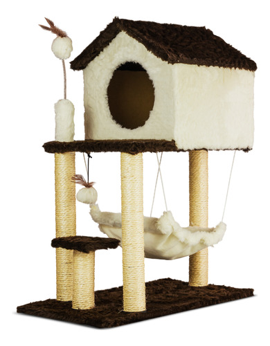 Arranhador Para Gato Com Casinha, Rede E Brinquedos Cor Cappuccino
