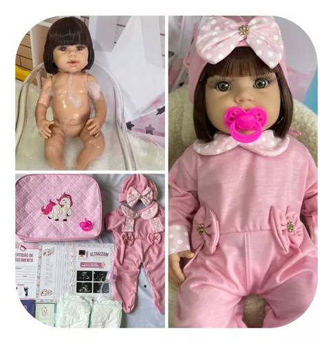 Bebê Reborn Princesa Boneca Corpo Silicone Macacão Rosa