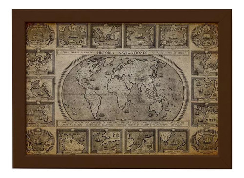 Quadro Vintage Mapa Antigo Navegações Moldura Marrom 22x32cm