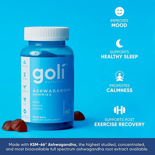 Goli 300 Mg De Ashwagandha Ksm-66 Extra Grande 120 Gomitas Para La Relajacion mezcla De Bayas Ksm-66 Vegano A Base De Plantas Sin Omg Sin Gluten Y Sin Gelatina