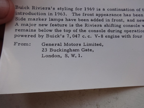 Foto Antigua Buick Riviera 1969 Coupe No Folleto Manual Auto
