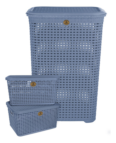 Set De 1 Cesto Y 2 Cajas Con Tapa Estilo Ratán Para Organiza Color Azul Turquia Rattan