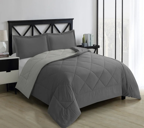 Imagen 1 de 9 de Edredón Matrimonial Gris / Plata Microfribra 2 Vistas Juego