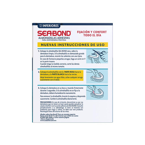 Almohadillas adhesivas Sea-bond dentaduras postizas inferiores 12 Pz