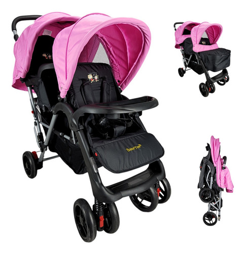Carriola Gemelar Para Bebe Ruedas Con Freno Plegable Reclina Color Rosa Chasis Gris
