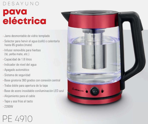 Imagen 4 de 6 de Ultracomb Pe4910 Pava Electrica Con Infusor De Te Func. Mate