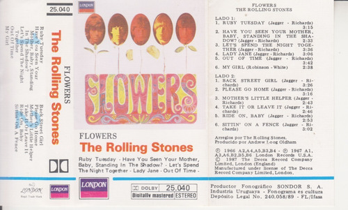 Rolling Stones Cassete Flowers Uruguay Rock & Roll Raro