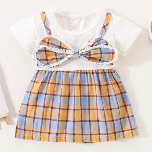 Vestido A Cuadros Bebé Con Lazo Grante Diseño De Doble Capa