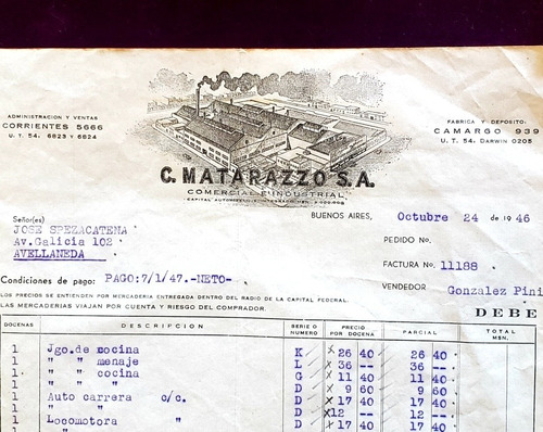 Juguetes C. Matarazzo S.a. Factura Oficial De Fábrica 1947