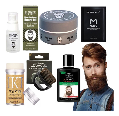 Kit Barba Cepillo + Cera + Aceite Barbería + Shampoo