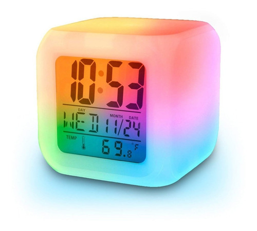 Reloj Alarma Digital Lcd Temperatura Cubo Luz Cambia Colores