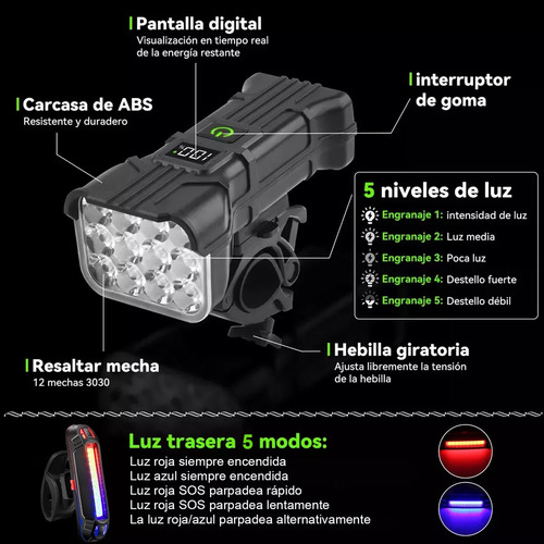 Luz Bicicleta Recargable Delantera Traser 12 Led Y Claxon