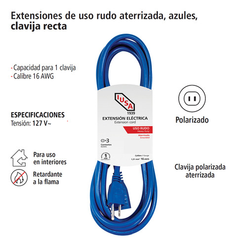 Extensión De Uso Rudo Aterrizada Azul Clavija Recta 8m Iusa