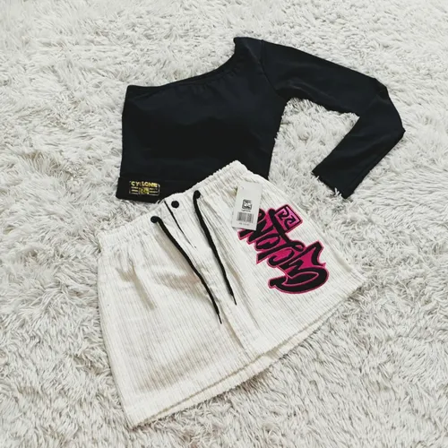 Kit Saia Cyclone Veludo Branco cropped Preto New Frete gr tis
