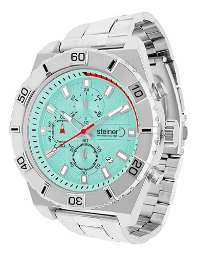 Reloj De Hombre Steiner Cronógrafo Y Fechador 3 Atm Plateado Fondo Azul claro