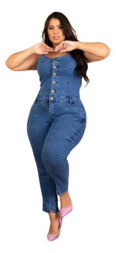 Macacão Pantacoste Jeans Feminino Moda Plus Size Verão 