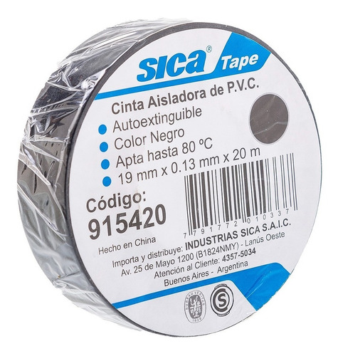 Imagen 3 de 4 de Cinta Aisladora Sica Pvc Autoextingible - 20 Metros - Negra