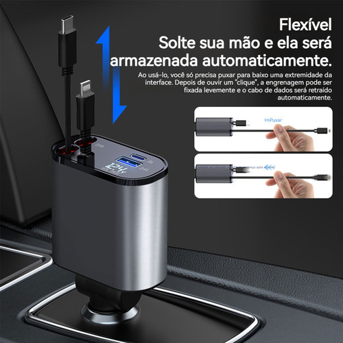 Carregador Turbo De Carro Retrátil Para iPhone Com 2cabo+led