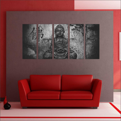 Quadro Preto Branco Budismo Buda Oriental Mosaico 5 Peças