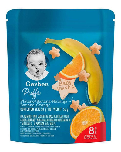 Snacks Gerber Puffs Etapa 3 Plátano Naranja Bolsa 50g