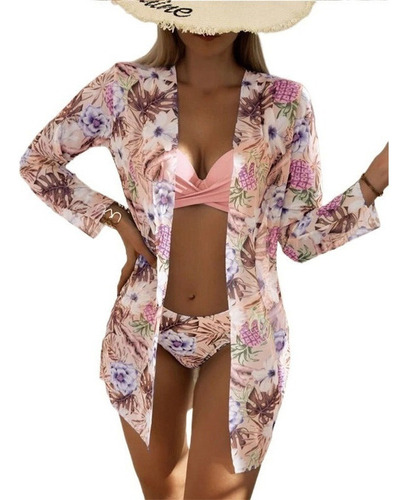 Kimono Beach Cover-up Set Mujer + Bikini Floral Wd1