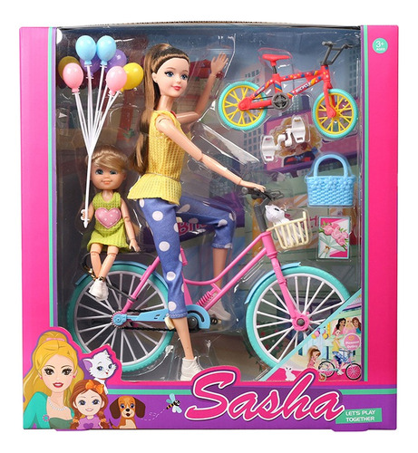 Juguete Pack X2 Muñecas Articuladas + Set Bicicleta 6 Piezas