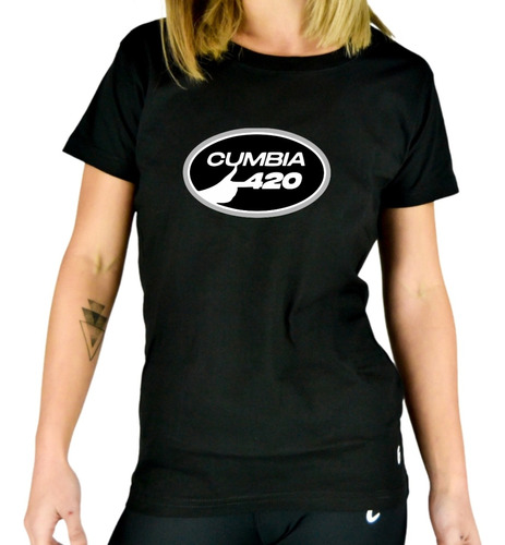 Remera Mujer Negra Personalizada Logo Cumbia 420 L-gante