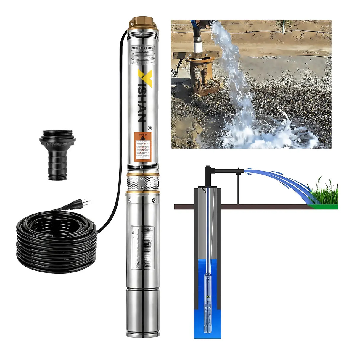 Bomba Sumergible De Pozo Profundo YISHAN V996 110V 1.1HP Acero Inoxidable 40m 2000L/h, Diámetro 7.5 cm / 3″