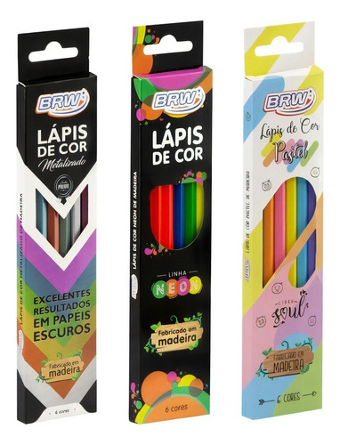 Kit 3 Caixas Lápis De Cor Pastel + Metálico + Neon - 18 Unid