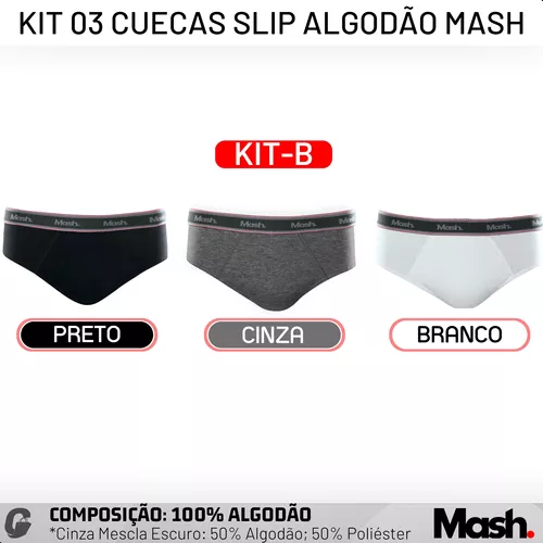 Kit 03 Cuecas Slip Cós Elástico Mash Algodão Masculino Nf