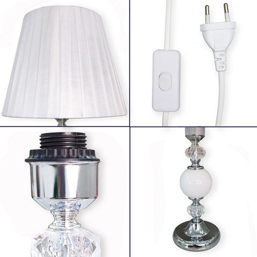 Abajur Cristal Para Quarto Criado Mudo Com Cúpula Tecido Cor Prata-seda-branco