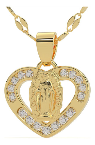 Medalla Corazón Virgen Guadalupe Con Cadena Oro Sólido 14k