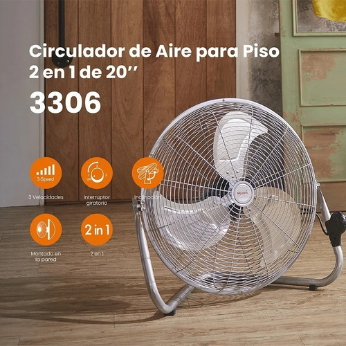 Ventilador de pared y de piso Mytek 3306 plateado con 3 aspas de metal, 20" de diámetro 127 V