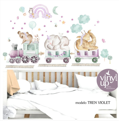 Vinilos Infantiles Tren Animales Acuarela Bebe Pl 130x70cm