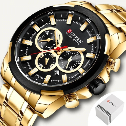 Relógio Curren Masculino Dourado 8361 Pulseira Inoxidável Cor do fundo Preto