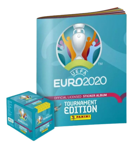 Kit álbum UEFA EURO 2020™ Tournament Edition con sobres Panini celeste tapa blanda + 50 packs de figuritas en caja